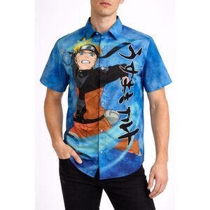 Naruto Shippuden Button-up Shirt Japanese Text Men Blue M